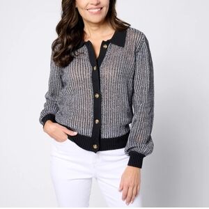 Black and White Denim & Co. Button Front Long Sleeve Cardigan